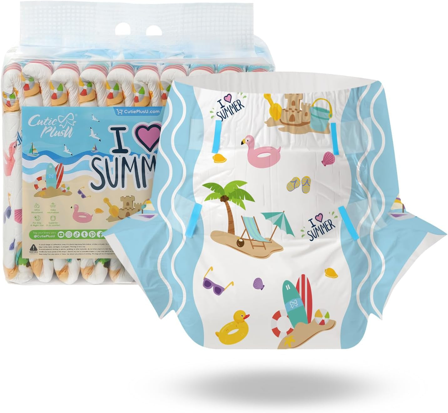 Scutece pentru adulți CutiePlusU, 10 bucăți, chiloți de incontinență de unică folosință cu tablă pentru femei și bărbați, absorbție maximă peste noapte - Little Princess (Mărime mare 94-119 cm)