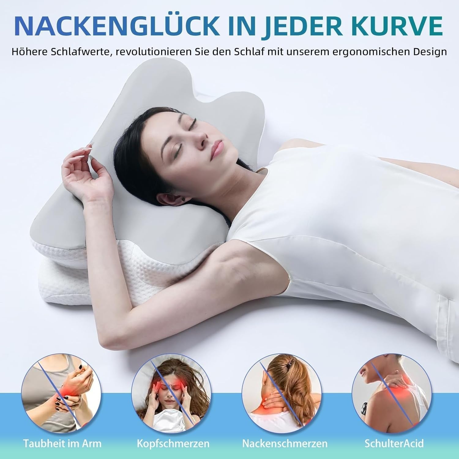 RUMMY Pernă ergonomică de susținere a gâtului din spumă cu memorie, cu husă detașabilă, lavabilă, pentru cei care dorm lateral și pe burtă (gri) Perne ortopedice cervicale Naty Shop