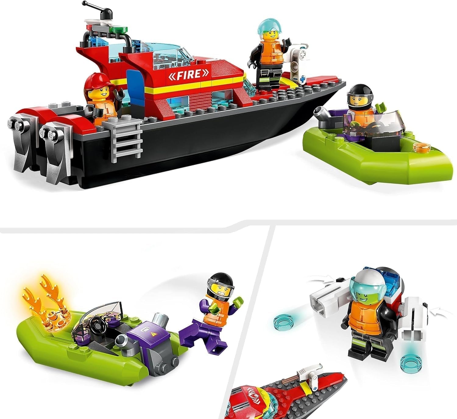 LEGO 60373 City Fire Boat, jucărie care plutește în apă, cu barcă de curse, 3 minifigurine și Jetpack, idee de cadou pentru băieți și fete de la 5 ani în sus Seturi de constructie Besuche den LEGO-Store