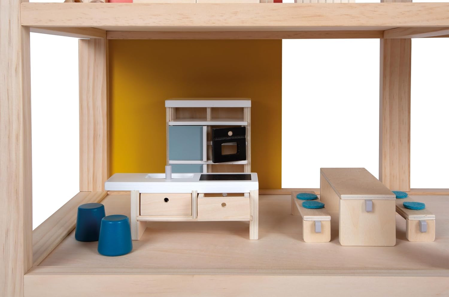 Casă de păpuși din lemn Small Foot, culori naturale - 3 etaje cu terasă pe acoperiș și set de mobilier din 51 de piese, încurajează jocul creativ, potrivită de la 3 ani, 12541 Casute de papusi Naty Shop