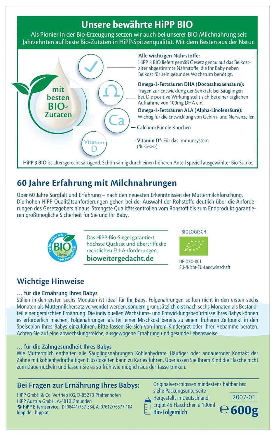 Lapte de continuare HiPP 3 Organic (4 x 600g) - după 10 luni, cu Omega-3 (DHA, ALA), Calciu, Vitamina D, de cea mai bună calitate organică