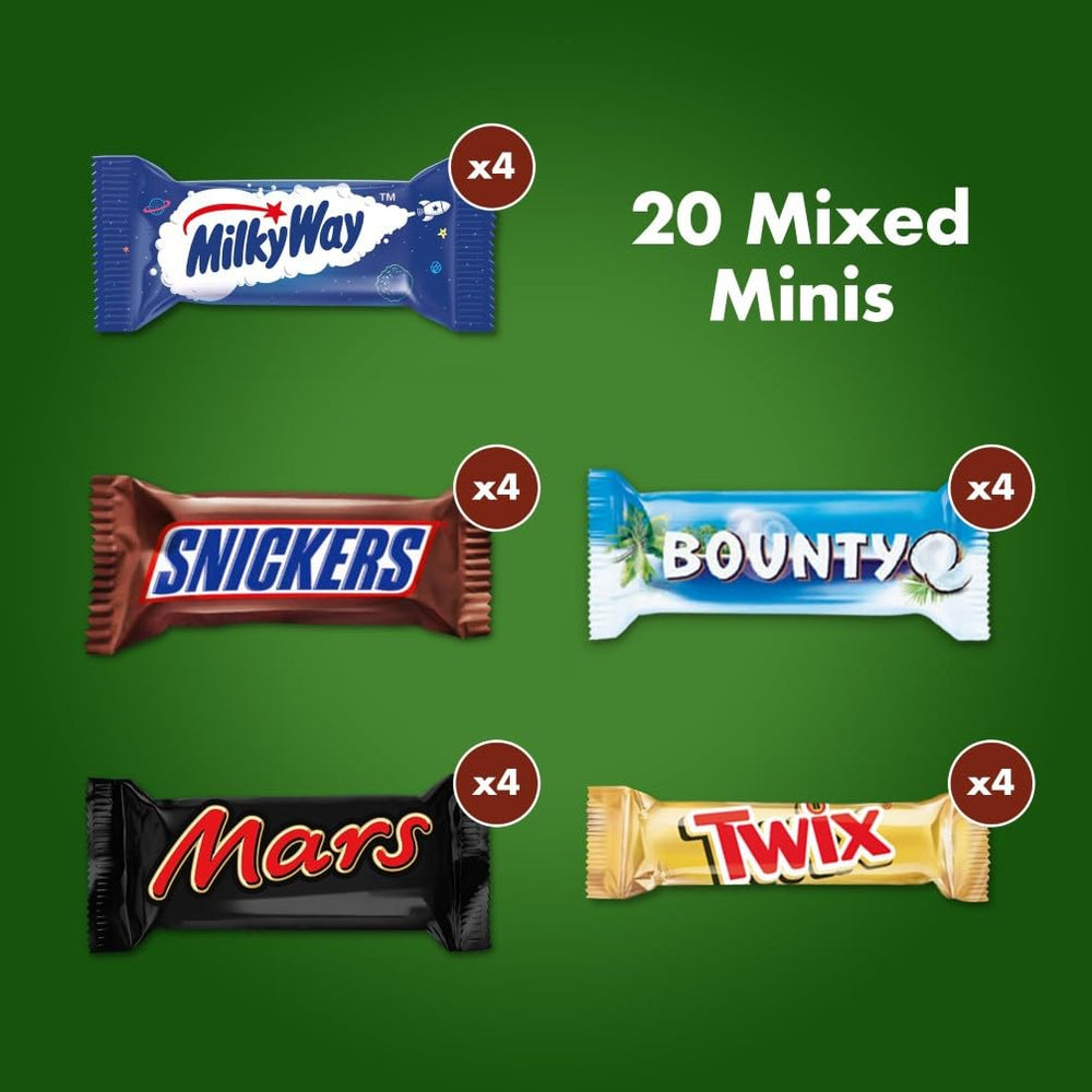 Pachet vrac cu mini ciocolată mixtă, 20 de mini gustări de ciocolată (Mars, Snickers, Bounty, Twix, Milky Way), ca bomboane, cadou de ciocolată, cutie de bomboane, 400g