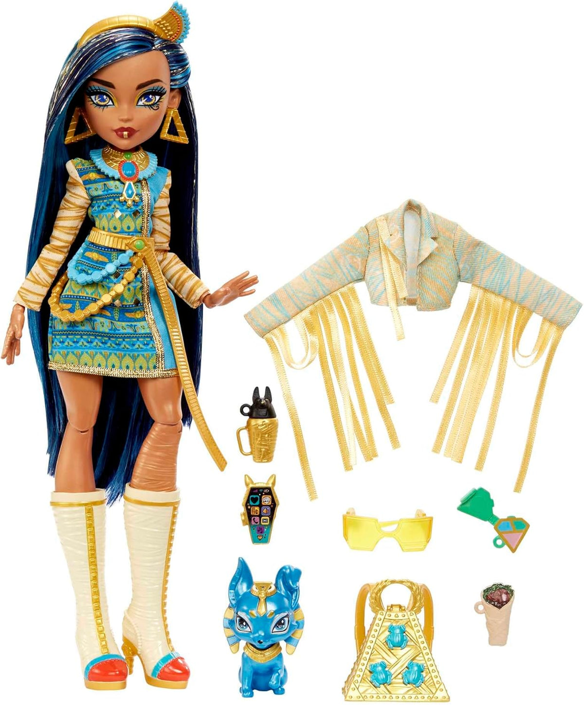 Monster High Cleo de Nile Puppe, Mummie Modepuppe, Königliches Outfit, Killerstiefel, Pyramidenrucksack, Zubehör, für Kinder ab 4 Jahren, HHK54