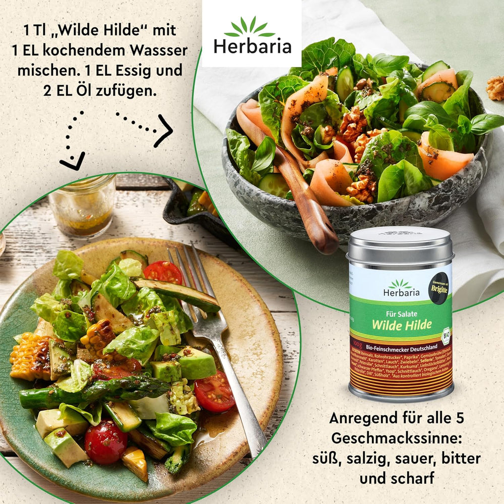 Herbaria Wilde Hilde bio 100g M-Dose- fertige Bio-Gewürzmischung - Salatgewürz für ausgefeilte Salate - mit erlesenen Zutaten - in nachhaltiger Aromaschutz-Dose