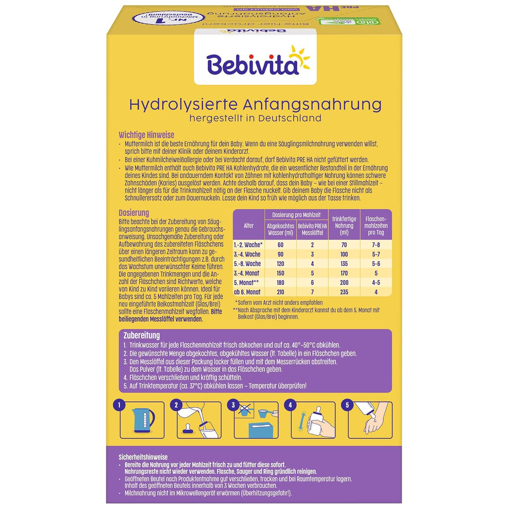 PRE HA (5 x 500g), formulă de lapte praf hidrolizată de la naștere, conține doar lactoză ca și carbohidrat, potrivită pentru alimentație suplimentară