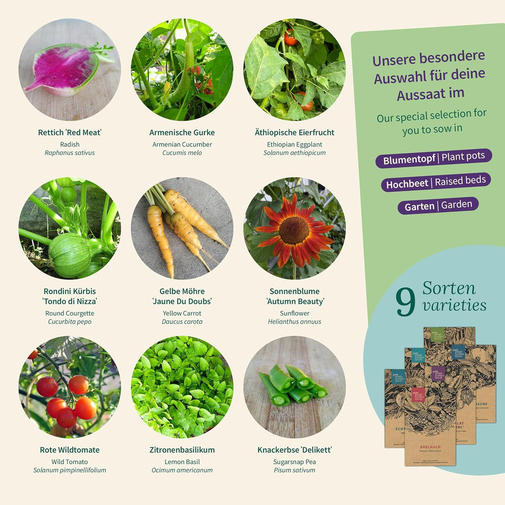 Semințe Magic Garden - Set de semințe rare - 9 soiuri neobișnuite de legume, ierburi și flori - culese manual, colorate și neobișnuite - cadou original pentru iubitorii de grădinărit