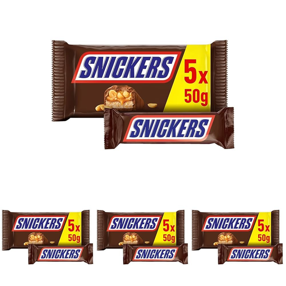 Baton de ciocolată Snickers, arahide, caramel, un pachet de 5 batoane | Gustare fotbal | (1 x 5 x 50 g)