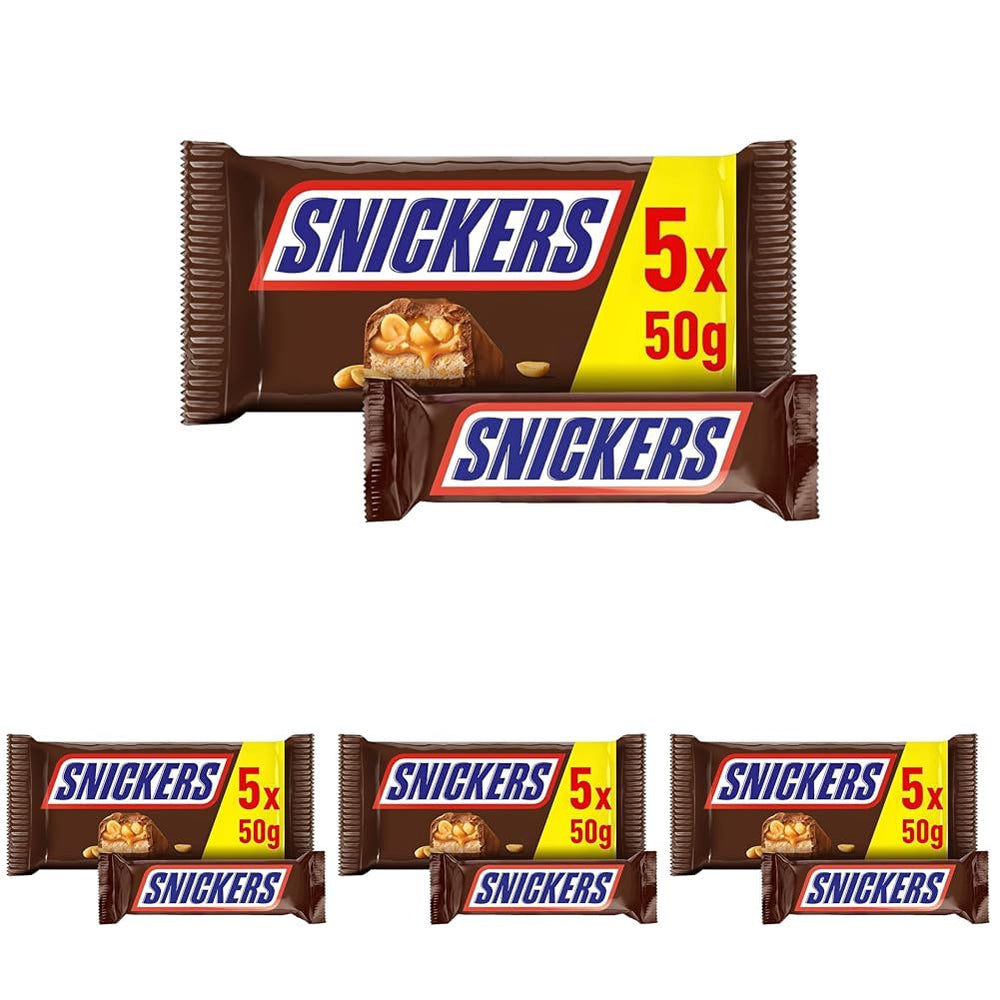 Baton de ciocolată Snickers, arahide, caramel, un pachet de 5 batoane | Gustare fotbal | (1 x 5 x 50 g)