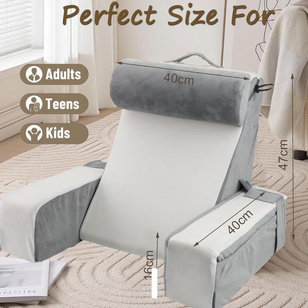 Pernă mare de citit pentru pat și canapea, pernă pentru spate pentru adulți cu suport pentru gât și cotiere, pernă ergonomică pentru spătar cu buzunar și husă lavabilă pentru odihnă, citit, vizionat la televizor (WH)