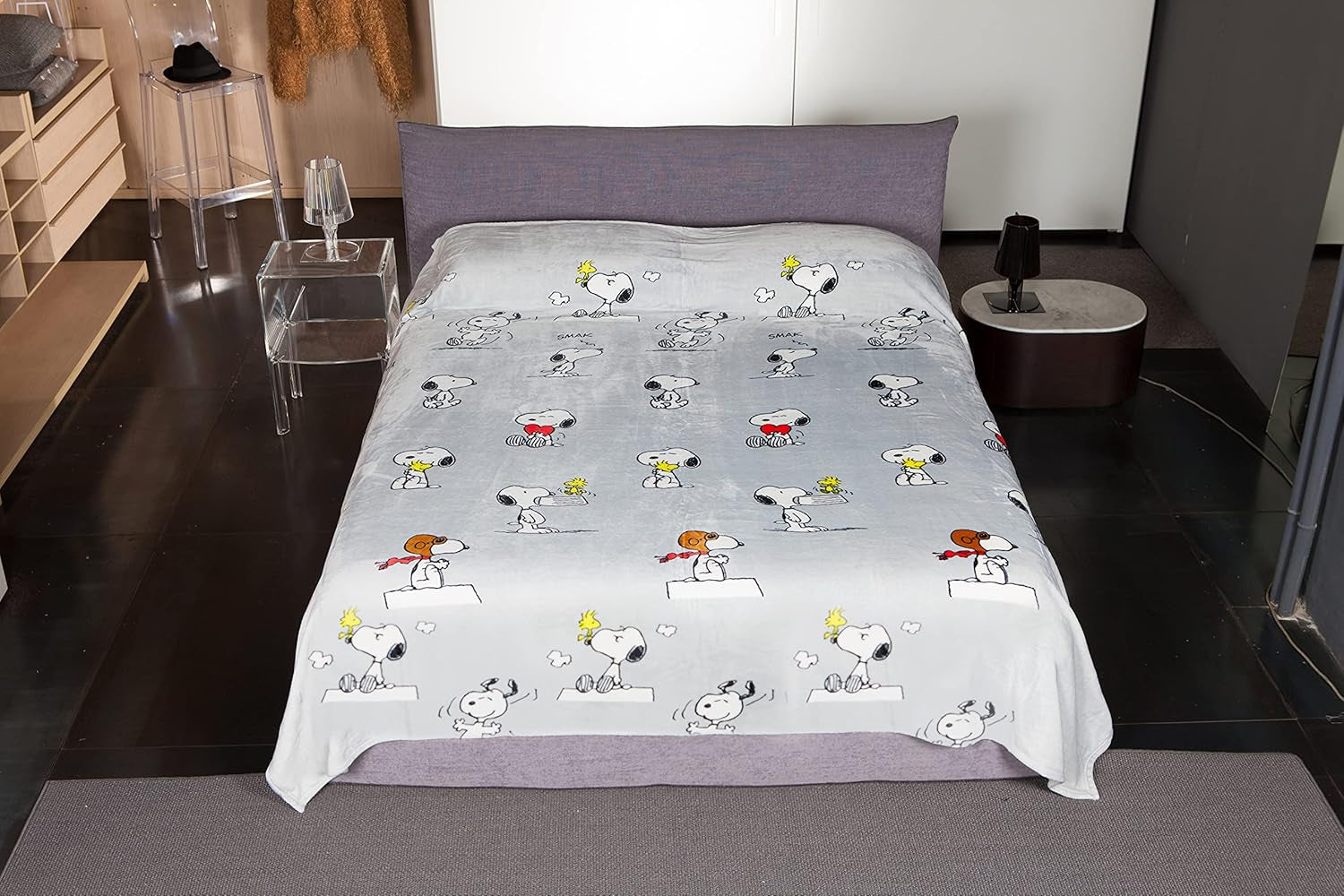 Kanguru Bed, cuvertură de pat, pătură din fleece pentru pat dublu, pătură din microfibră, Snoopy Peanuts GREY, 230X230Cm, pătură de vară, cuvertură de pat pentru dormitor Paturi si Cuverturi Besuche den Kanguru-Store
