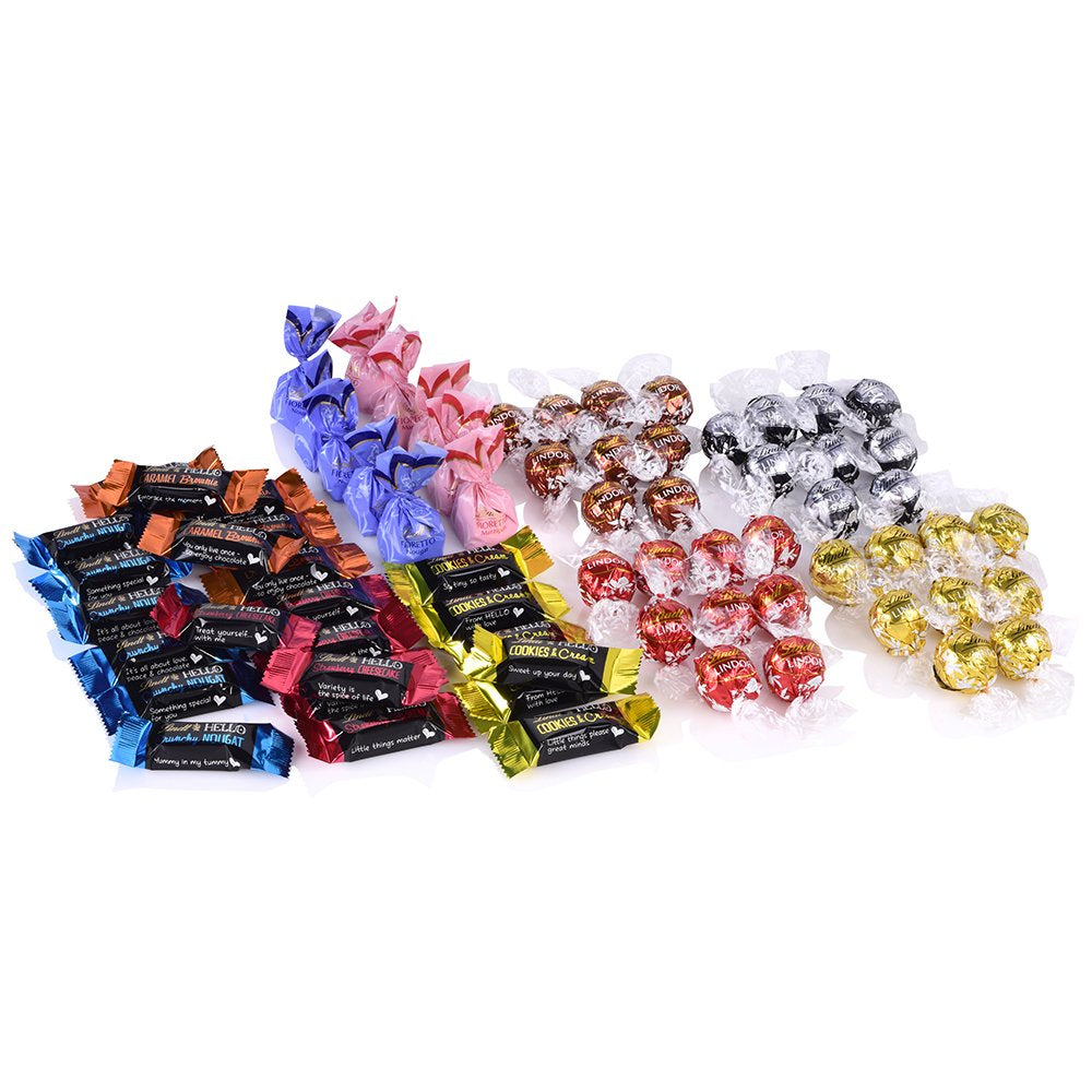 Asortiment de ciocolată (37 bile LINDOR, 24 bețișoare Hello Mini, 10 Mini Fioretto), cadou de ciocolată (1 x 815 g) și HELLO Mini Emoti, ciocolată cu lapte în 5 modele de emoticonuri, 164 g