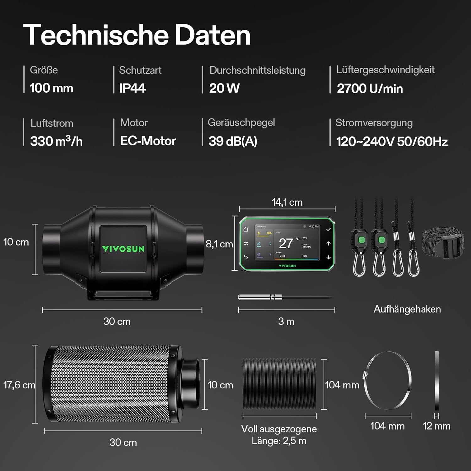 VIVOSUN Kit Ventilator Inline Inteligent 100mm/Evacuare AeroZesh G4 cu GrowHub E42A+, Controler de Temperatură și Umiditate, Telecomandă WiFi/Aplicație, Filtru de Cărbune Activ și Furtun pentru Corturi de Cultivare și Hidroponie