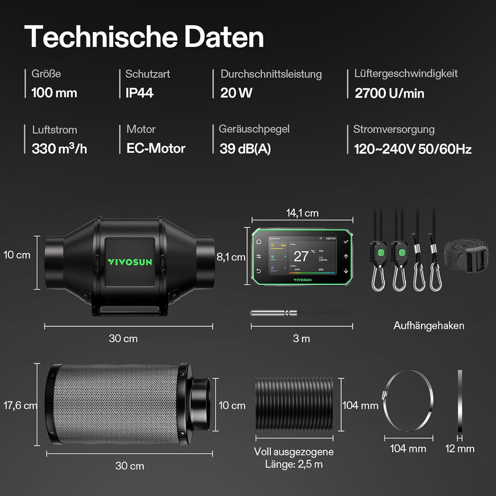 VIVOSUN Kit Ventilator Inline Inteligent 100mm/Evacuare AeroZesh G4 cu GrowHub E42A+, Controler de Temperatură și Umiditate, Telecomandă WiFi/Aplicație, Filtru de Cărbune Activ și Furtun pentru Corturi de Cultivare și Hidroponie