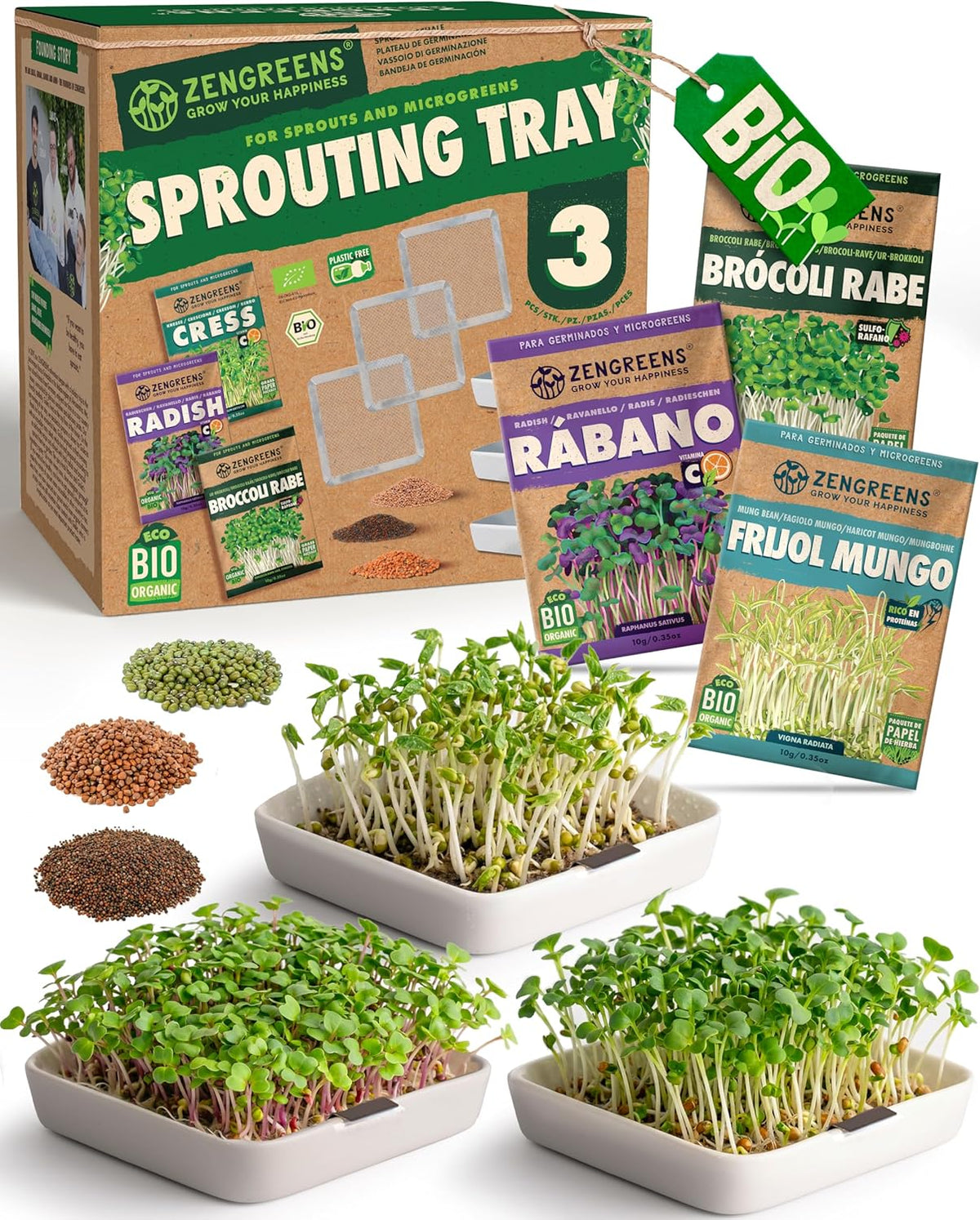 Bio Sprossen Anzuchtschale - Kressesieb 3Er Set - Enthält Keimschale Und Sprossensamen (Kresse, Ur-Brokkoli & Radieschen)