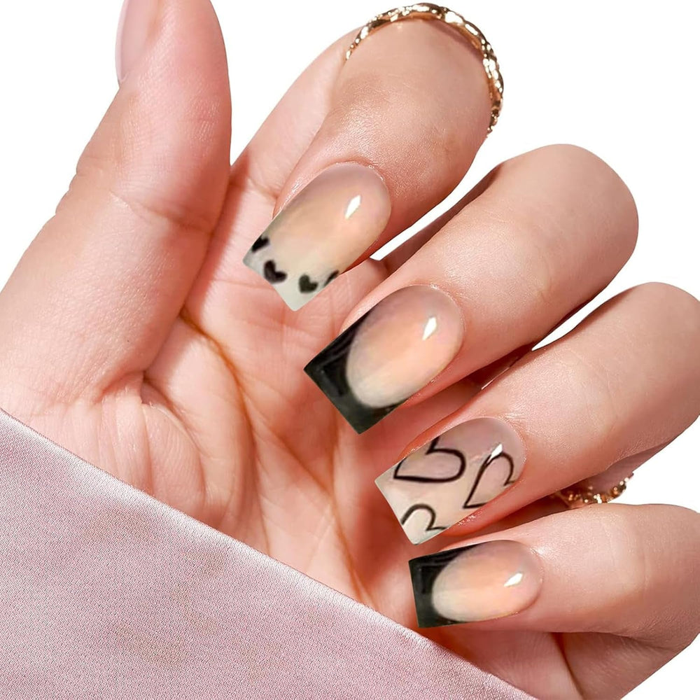24 bucăți unghii artificiale cu vârf francez, scurte și pătrate, unghii acrilice negre cu design în formă de inimă albă, pentru acoperire completă