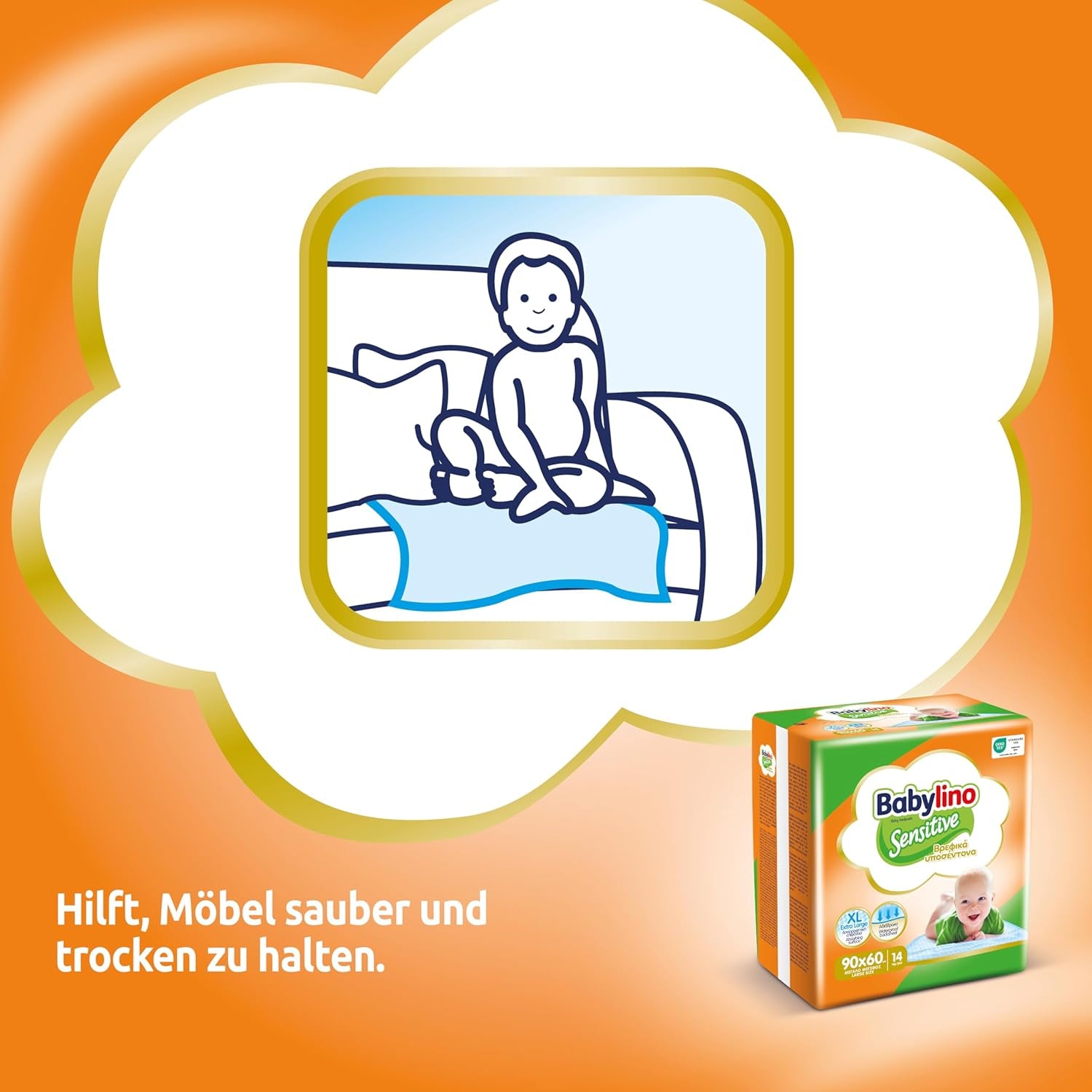 Șervețele umede sensibile, 90 x 60 cm, extra absorbante, 14 bucăți