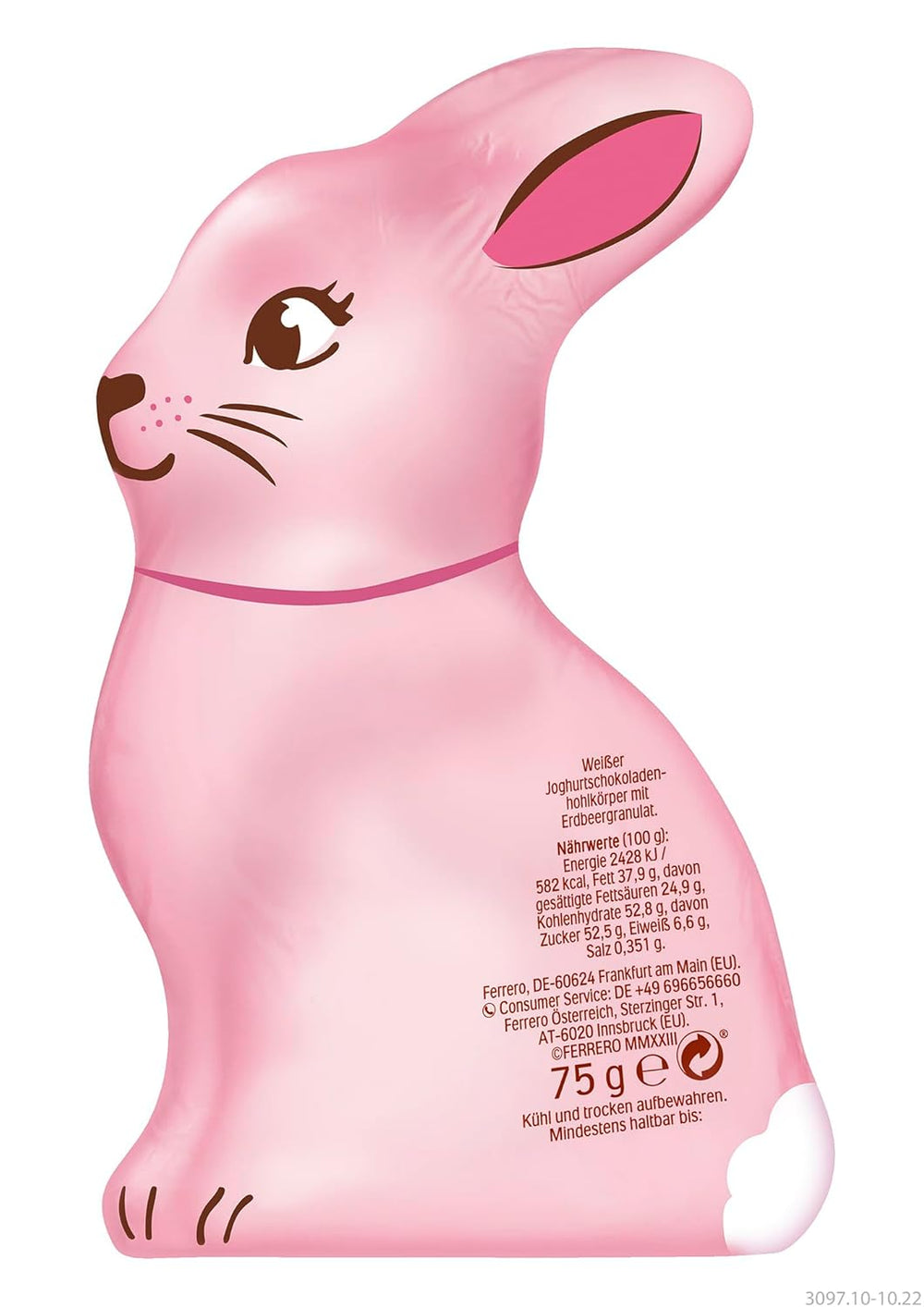 Iepuraș de Paște cu iaurt 75g – Iepuraș de ciocolată pentru Paște – Ciocolată albă cu iaurt și chipsuri fructate de căpșuni – Iepuraș de ciocolată pentru Paște și coș de Paște – Cadou de ciocolată – Cadou de Paște