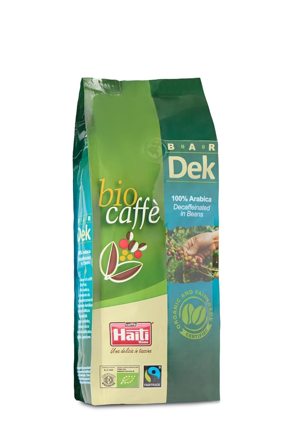 Cafea boabe decofeinizate organice Caffè Haiti Roma, 100% Arabica, certificată Fairtrade, calitate organică, pachet de 2 x 500g
