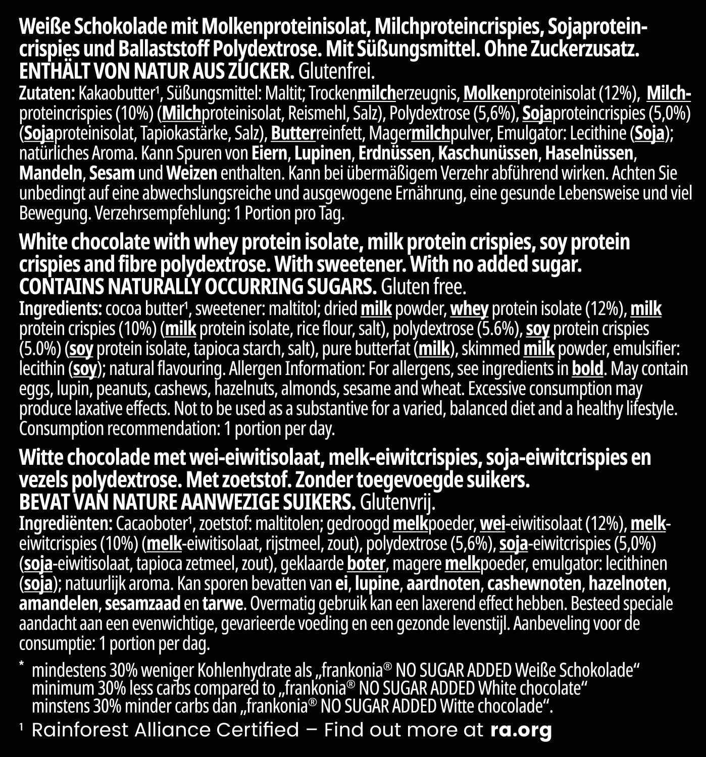 frankonia CHOCOLAT POWER MOTION fără zahăr adăugat - Ciocolată albă crocantă cu conținut ridicat de proteine și conținut scăzut de carbohidrați, 90 g