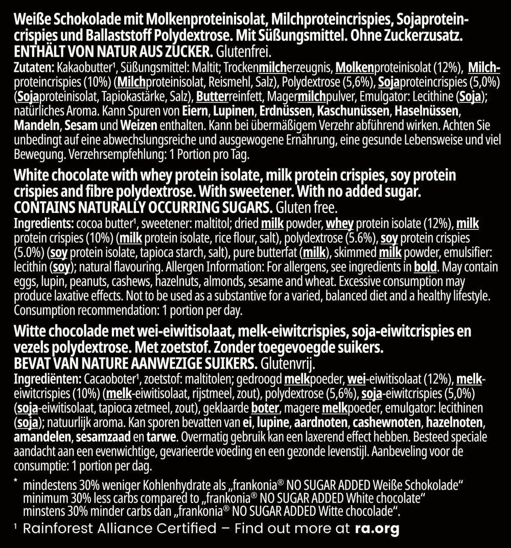 frankonia CHOCOLAT POWER MOTION fără zahăr adăugat - Ciocolată albă crocantă cu conținut ridicat de proteine și conținut scăzut de carbohidrați, 90 g