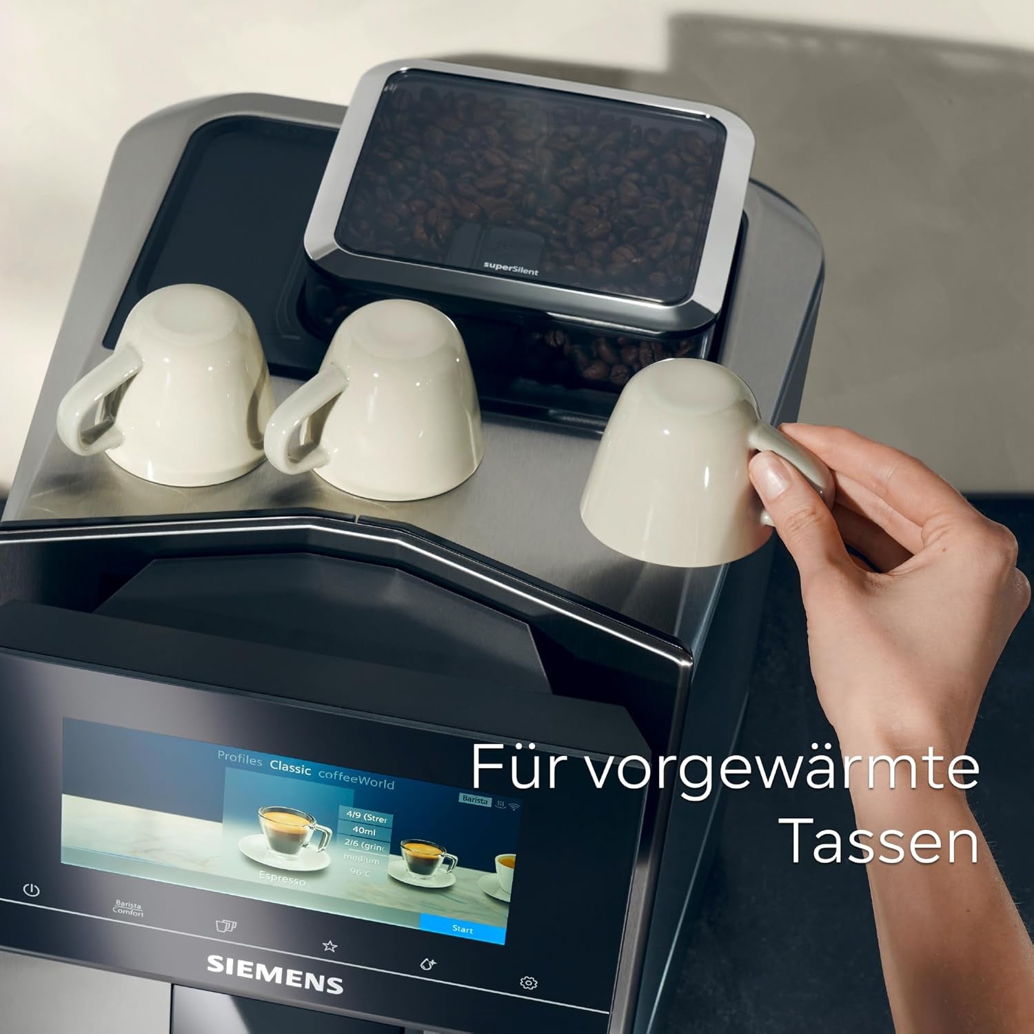 Espressor complet automat SIEMENS EQ900 TQ905D03, control prin aplicație, afișaj complet tactil, mod barista, reducere a zgomotului, până la 10 profiluri, râșniță premium, curățare automată cu abur, 1500 W, oțel inoxidabil