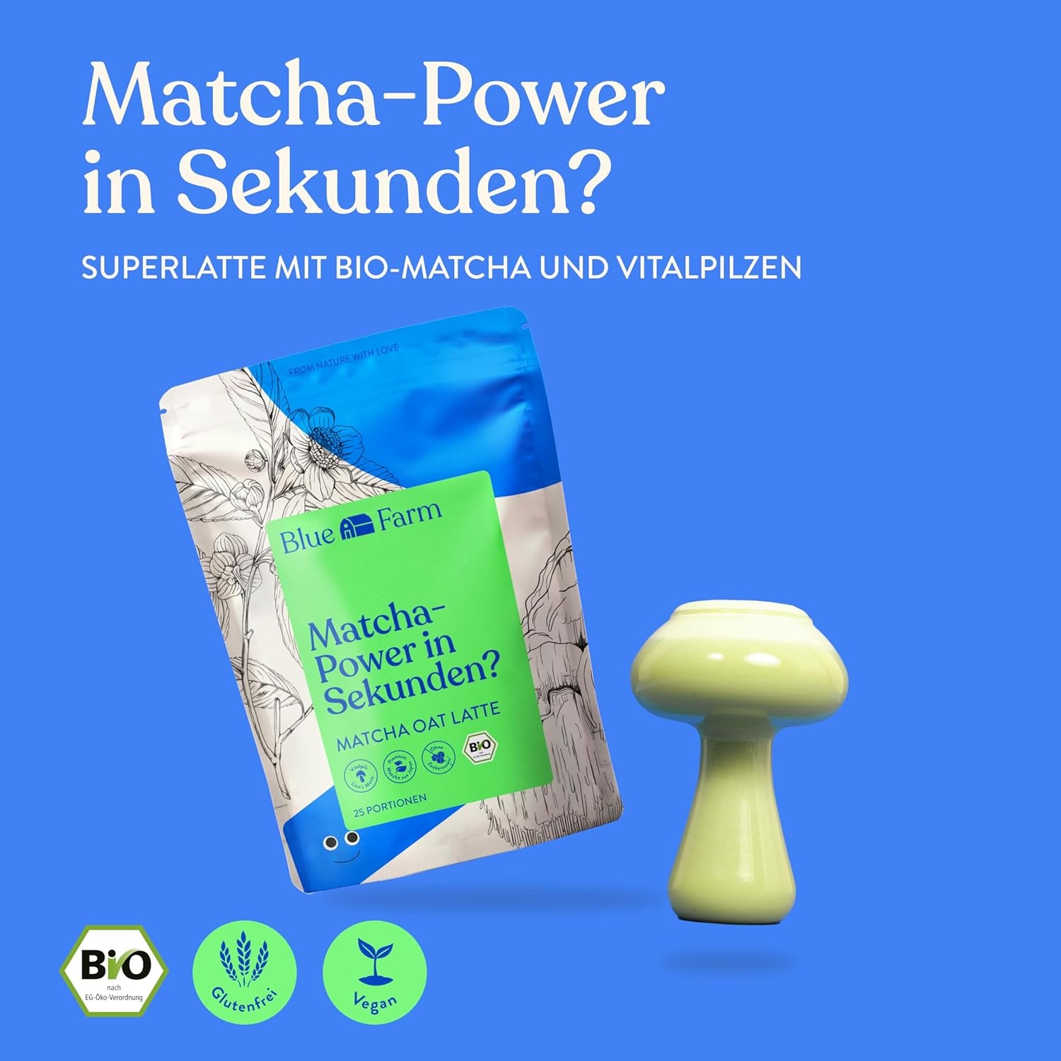Blue Farm Bio Matcha Oat Latte auf Haferbasis ohne Zuckerzusatz - Mit dem Vitalpilz Lion's Mane - Vegan - laktosefrei & glutenfrei (300 g, Matcha)