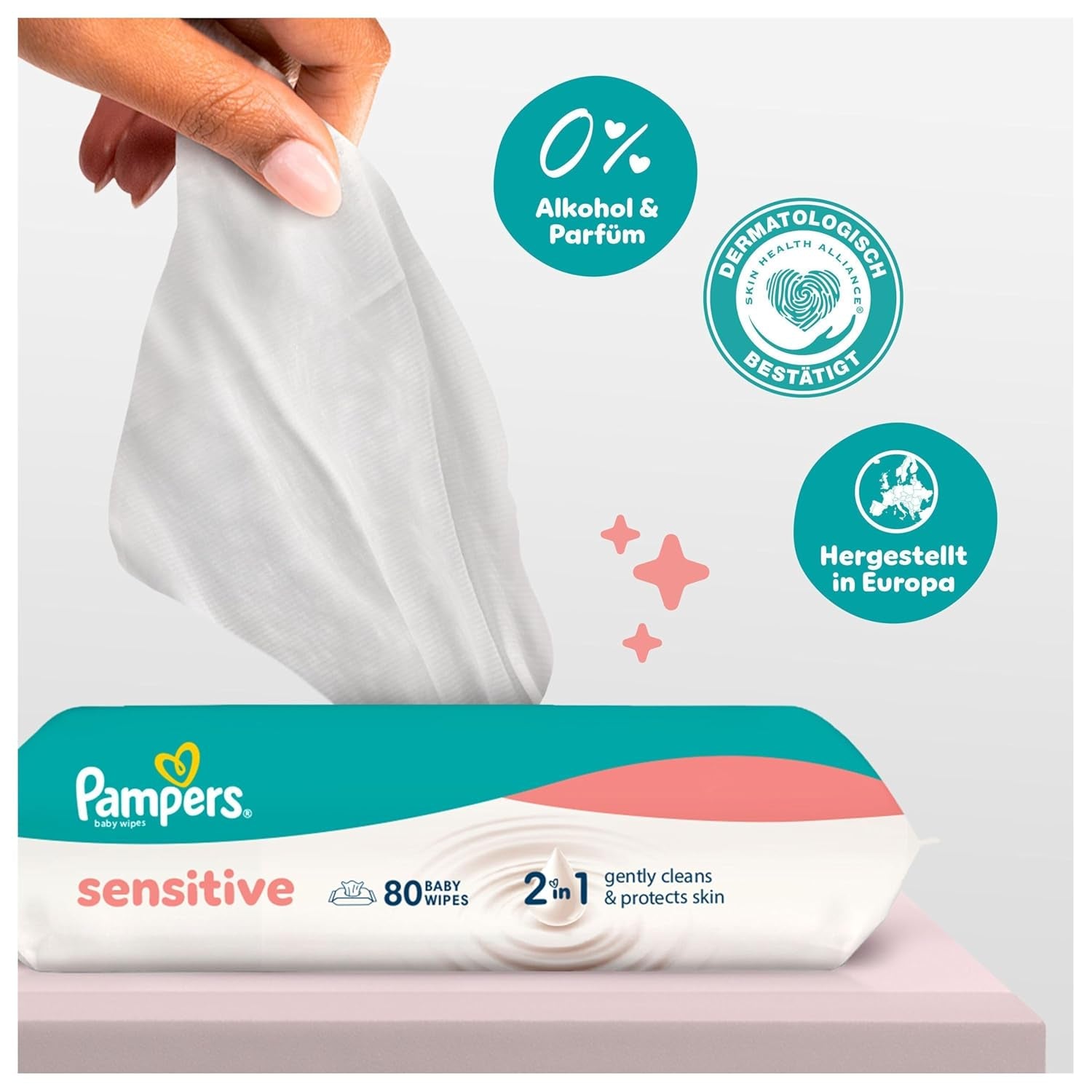 Șervețele umede Pampers Sensitive, 6 pachete a câte 80 de șervețele = 480 de șervețele, fără parfum, pentru o curățare delicată și delicată