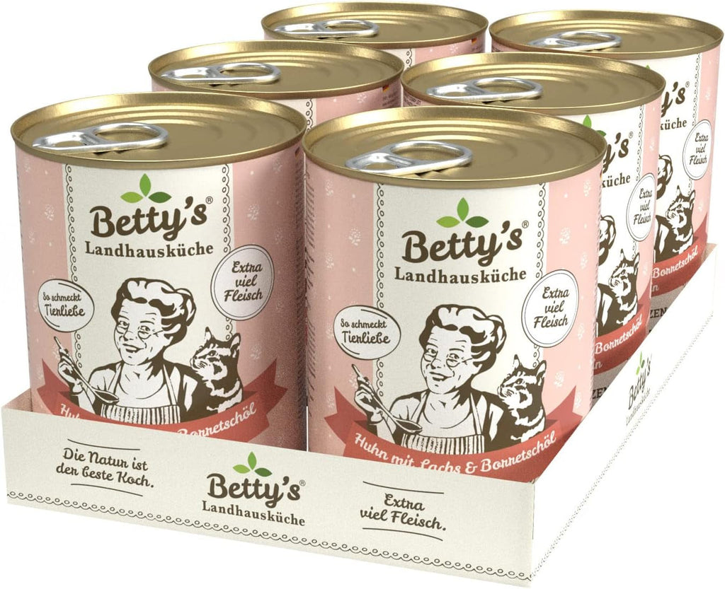 Betty'S Landhausküche cutie de hrană umedă pentru pisici, Fără cereale, Cea mai bună calitate, Carne de înaltă calitate, Gently cooked, Potrivit pentru toate rasele de pisici, Pui și fazan cu ulei de borangic 6 X 200 G