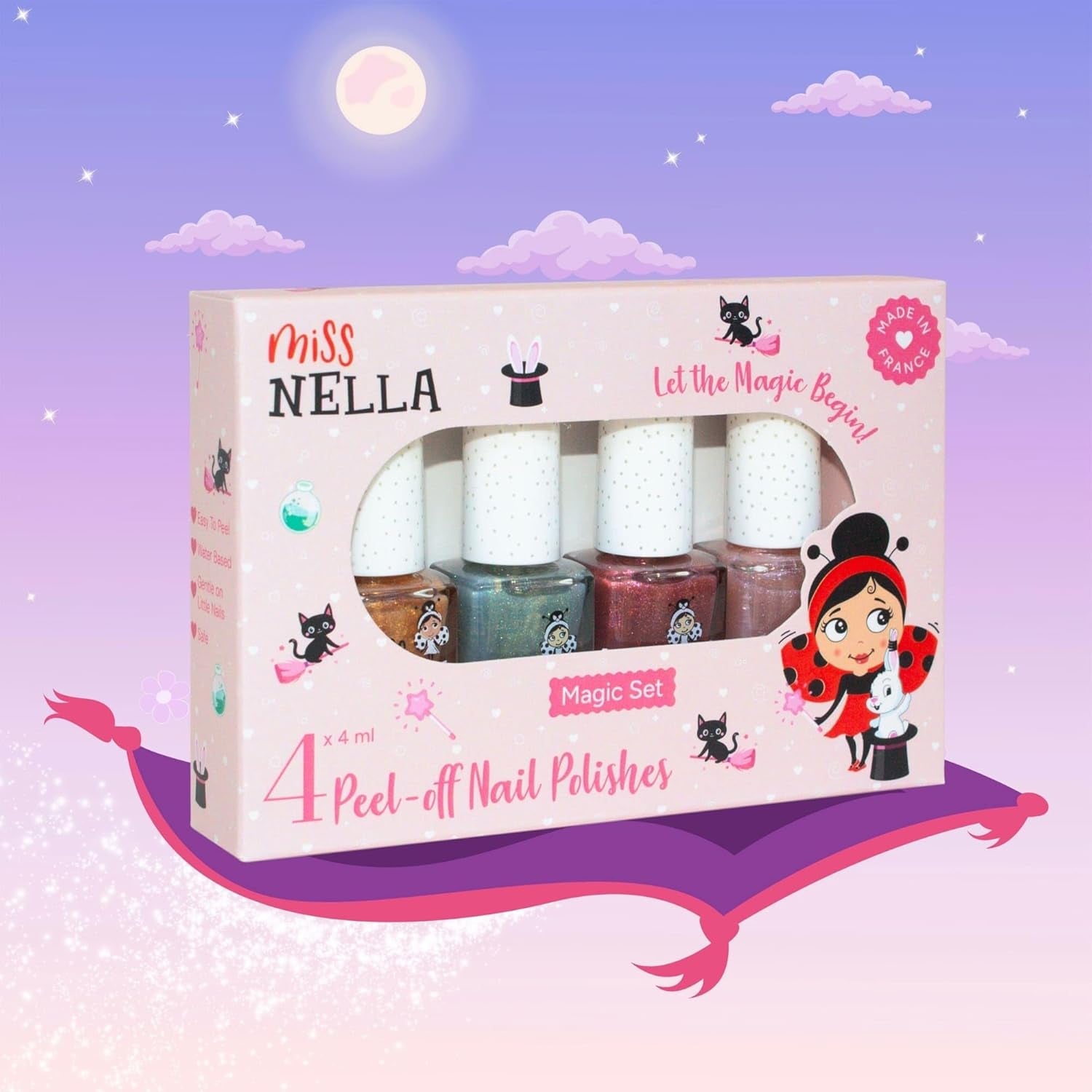 Set de ojă cu sclipici Miss Nella Magic Collection, 4 piese: roz, roșu, auriu și albastru, ojă detașabilă specială pentru copii, non-toxică, pe bază de apă și inodoră