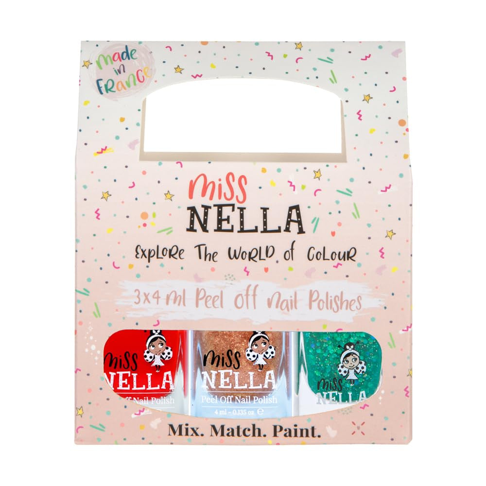Set de ojă cu sclipici Miss Nella Magic Collection, 4 piese: roz, roșu, auriu și albastru, ojă detașabilă specială pentru copii, non-toxică, pe bază de apă și inodoră