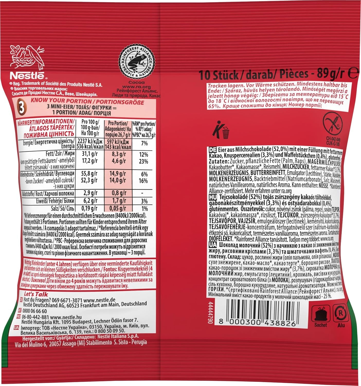 NESTLÉ Mini Eggs, ouă mici de ciocolată cu lapte cu umplutură cremoasă și bucăți crocante, 1 pachet (1 x 89g)