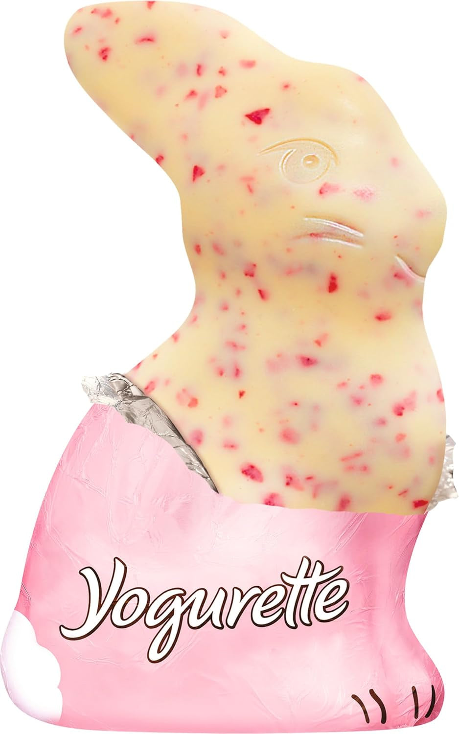 Iepuraș de Paște cu iaurt 75g – Iepuraș de ciocolată pentru Paște – Ciocolată albă cu iaurt și chipsuri fructate de căpșuni – Iepuraș de ciocolată pentru Paște și coș de Paște – Cadou de ciocolată – Cadou de Paște