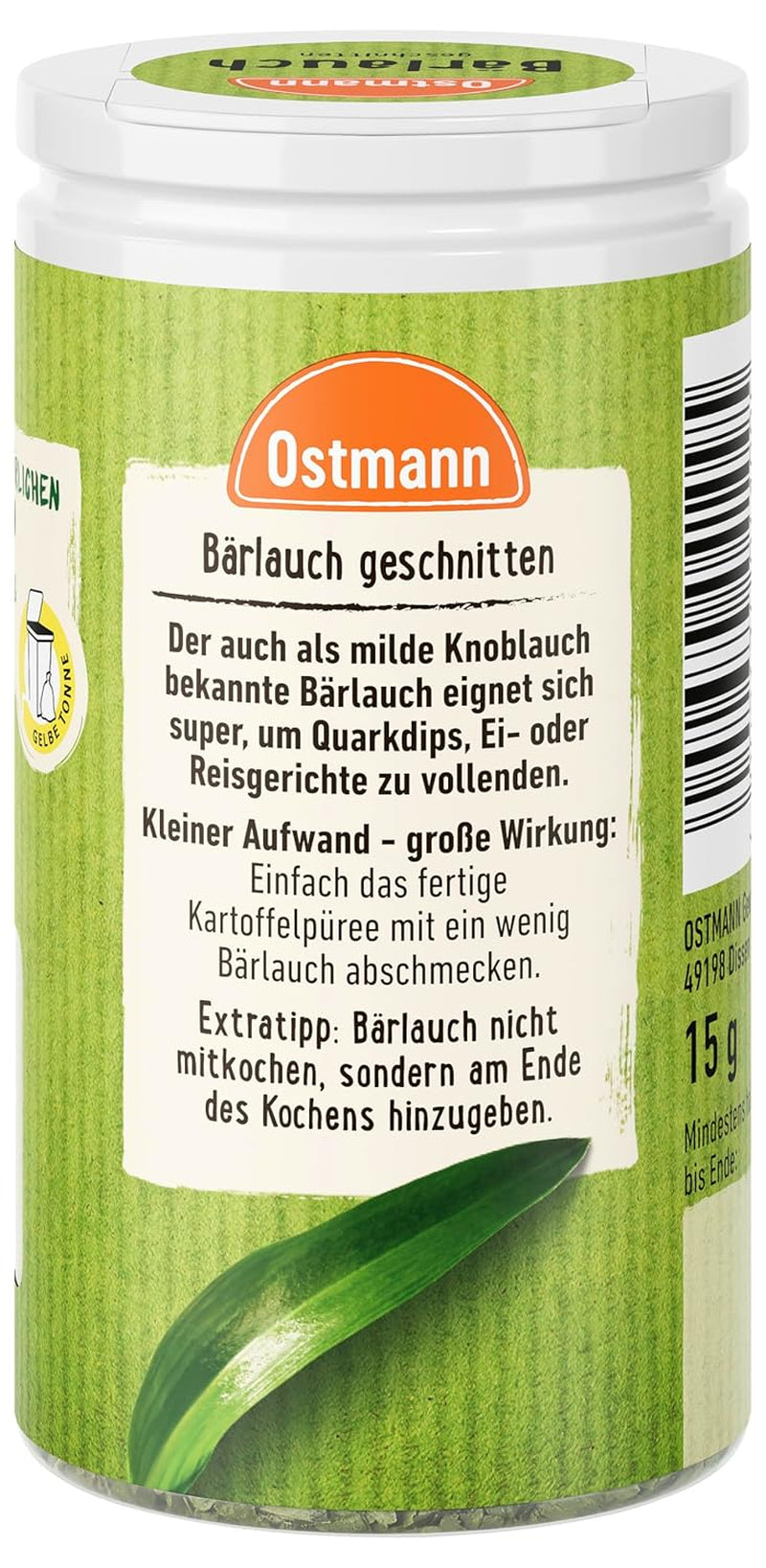Ostmann Gewürze - Bärlauch geschnitten | Milder Knoblauch-Geschmack | Für Ei- oder Reisgerichte sowie Quarkdips | 15 g in der Streudose