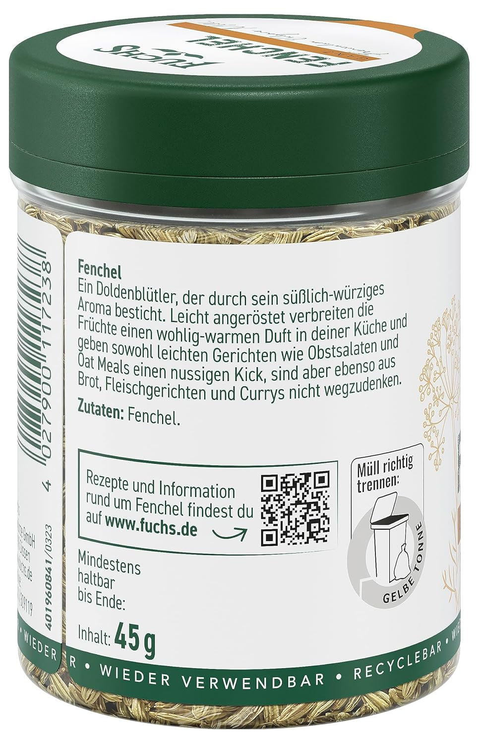 Fuchs Gewürze - Fenchel ganz - süß-würziges Aroma für Obstsalate, Oat-Meals oder Currys - natürliche Zutaten - 45 g in wiederverwendbarer, recyclebarer Dose