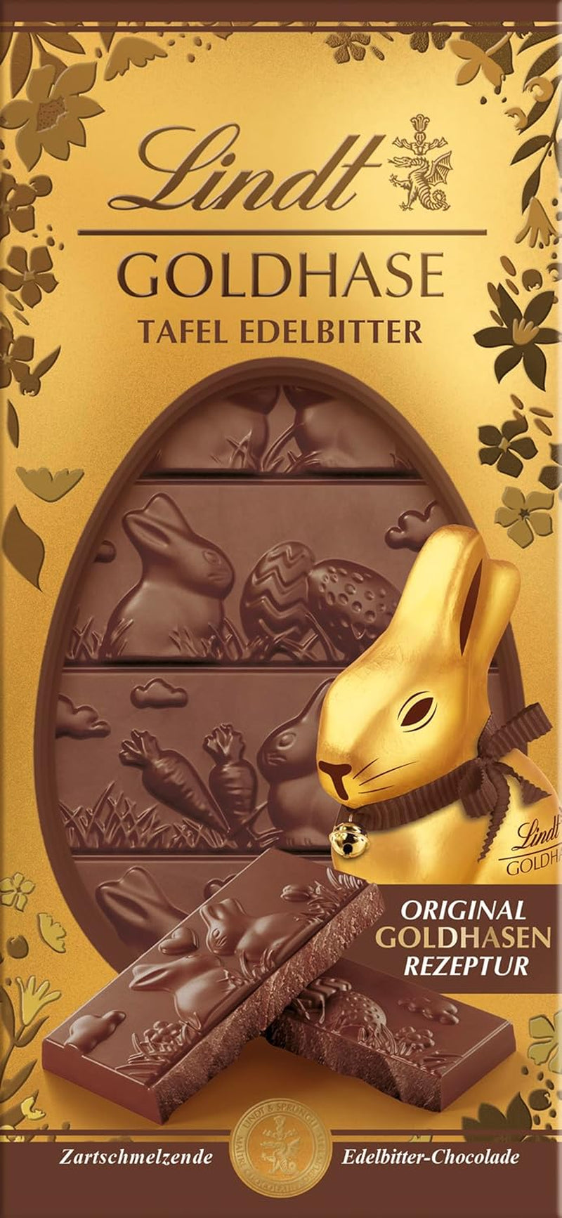 Baton de ciocolată Lindt Gold Bunny, Ciocolată neagră | 120 g | Ciocolată neagră 60%, făcută conform rețetei originale Gold Bunny | Baton de ciocolată | Cadou de ciocolată