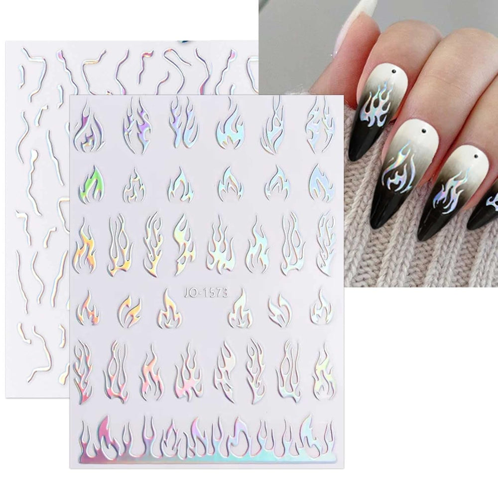 JMEOWIO Nagelsticker Aurora Holografisch 9 Blatt Nagelaufkleber Selbstklebend Herz-Flamme Spielt Schmetterlings-Mond Die Hauptrolle Nail Art Sticker Dekoration Nageldesign Zubehör