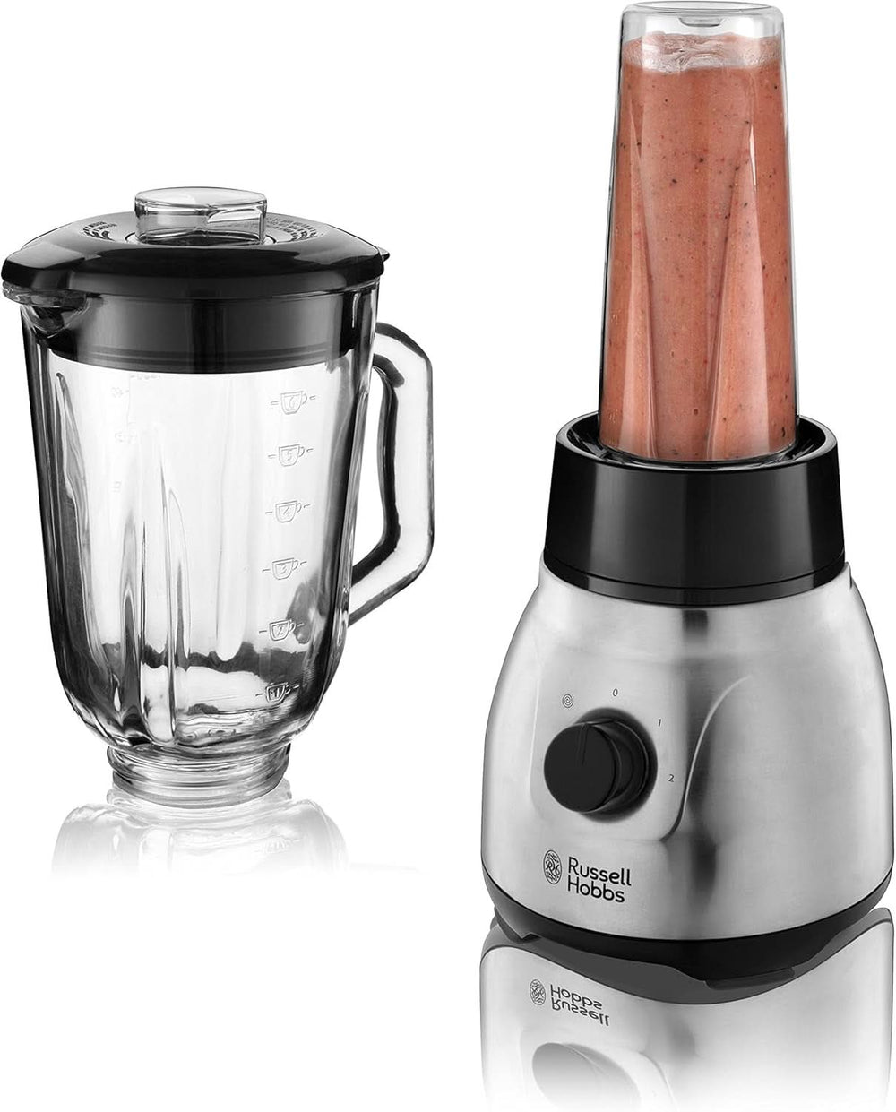 Russell Hobbs Standmixer 2-In-1 [1,5L Glasbehälter Mixer & 0,6L Mini Smoothie Maker -To-Go-Trinkflasche Inkl. Deckel] Spülmaschinenfest, Impuls-/Ice-Crush Funktion, Becher BPA Frei, Edelstahl 23821-56 Bucatarie Naty Shop