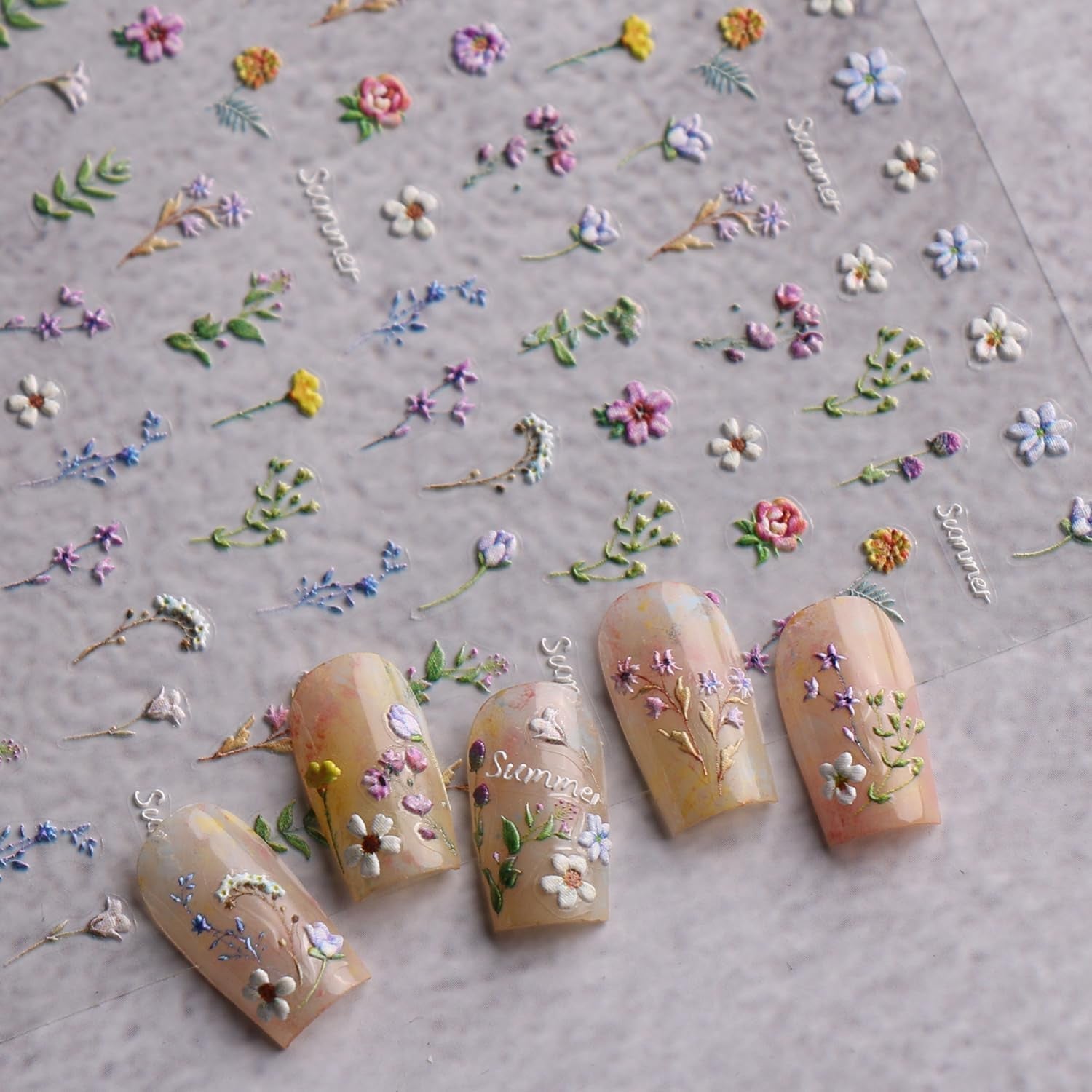 JMEOWIO 3D Nagelsticker Blume Frühling Sommer Floral Nail Art Sticker Selbstklebend Nagelaufkleber 5D Stereoskopisch Dekoration Nageldesign Zubehör 1 Blatt