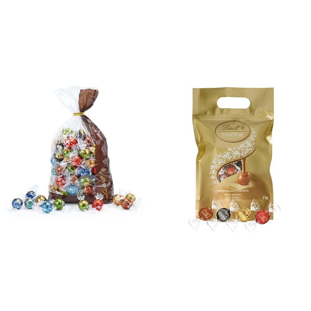 Asortiment Lindt Ciocolată LINDOR | 1371 g, Clasică | aprox. 80 de bile de ciocolată (cu lapte, albă, neagră 60%, alune) | Pachet vrac, 1 kg