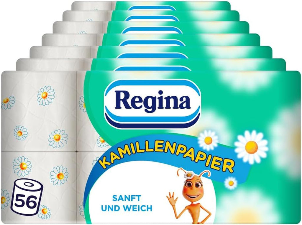 Hârtie igienică Regina Chamomile Paper 3 straturi - pachet de 16 role, 150 de foi pe rolă, moale și delicată cu aromă de mușețel și hârtie certificată Fsc