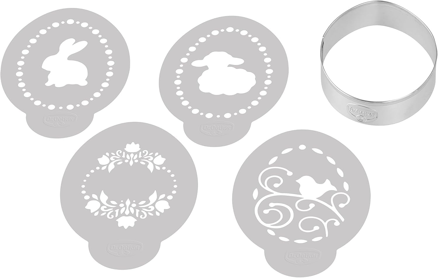 Decupator de ouă Dr. Oetker, inclusiv 4 șabloane decorative din seria „Golden Easter”, matriță pentru fursecuri și biscuiți (culoare: argintiu, alb), cantitate: 1 x set de 5 piese