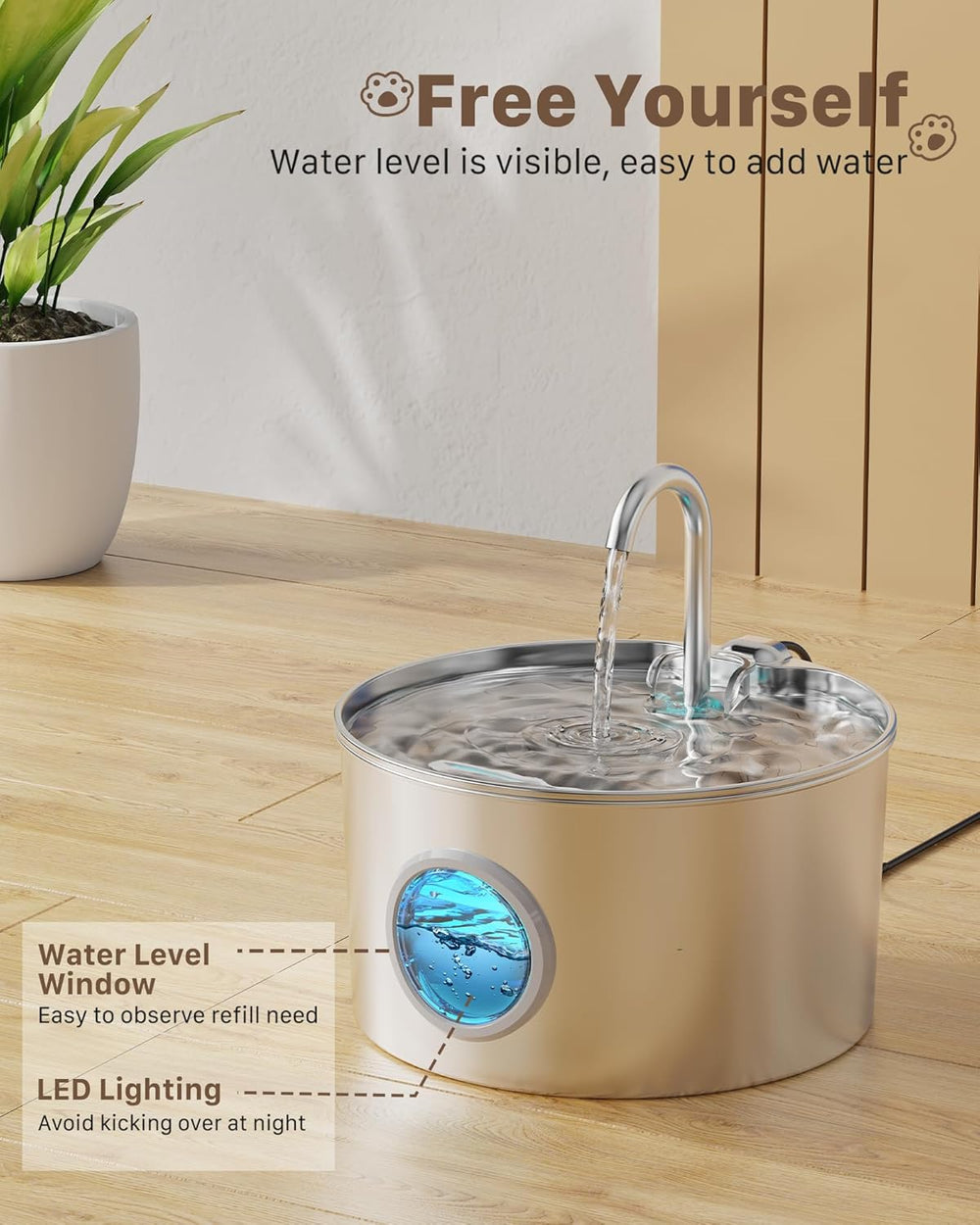 Fântână pentru pisici din oțel inoxidabil: Fântână de apă ultra-silențioasă de 2,2 l pentru pisici - Fântână de băut pentru pisici și câini cu indicator al nivelului apei - Adaptorul UE nu este inclus
