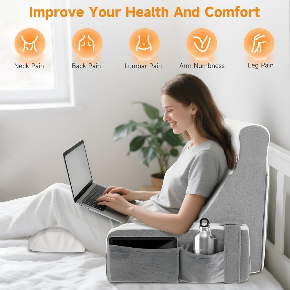 Pernă mare de citit cu suport pentru gât și cotiere detașabile, pernă pentru spate pentru pat, pernă ergonomică pentru spătar cu braț, buzunar și husă lavabilă pentru citit și vizionat la televizor.