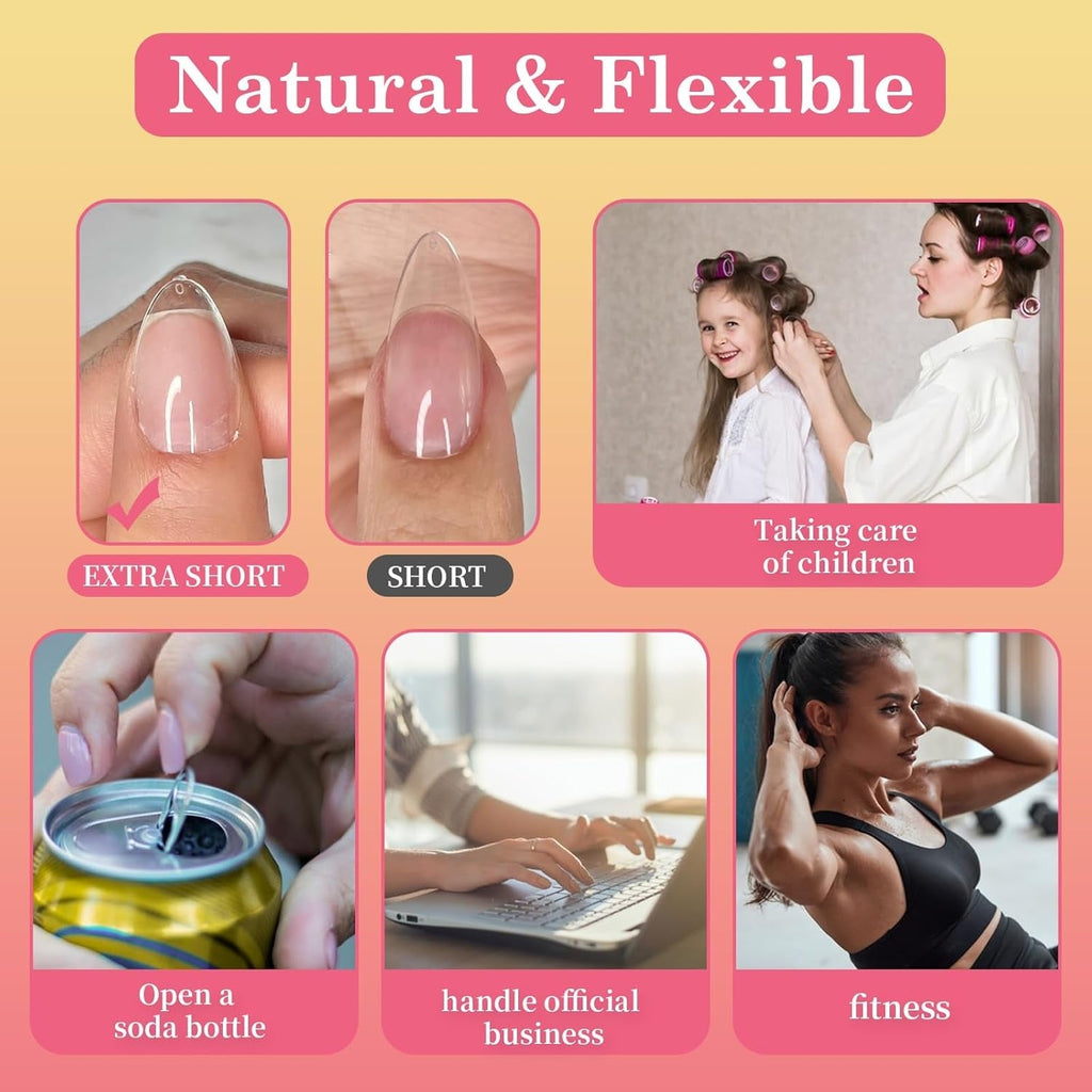 Tipuri de unghii pentru unghii cu gel, set 120 bucăți unghii artificiale scurte, culoare migdale, 11 dimensiuni unghii cu gel, tipuri de unghii cu lipici, bloc de buffer pentru unghii