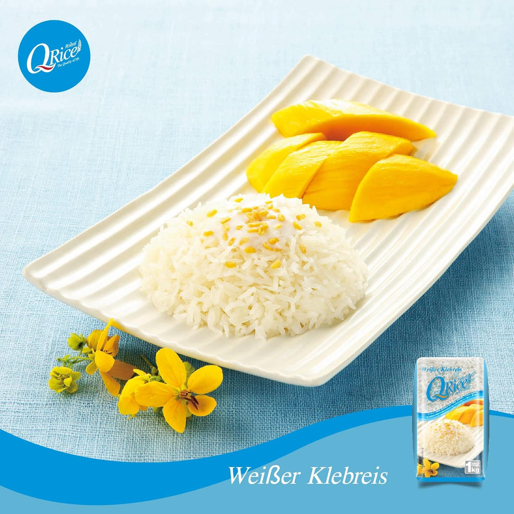 Q RICE | Weißer Klebreis Langkorn aus Thailand | Aromatisch mit klebriger Textur | Ideal für Currys, Sushi, Mochi oder Reispudding | 1 x 1 kg