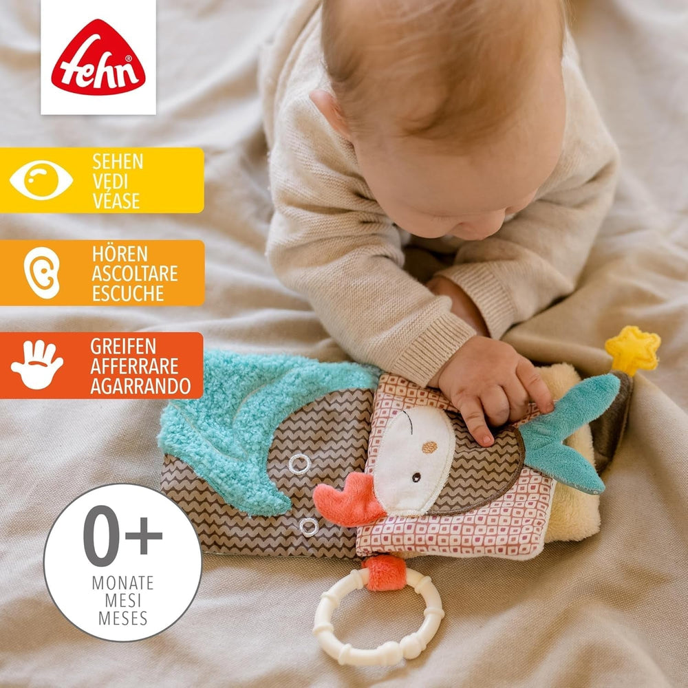 Fehn Soft picture book Bruno - carte moale pentru bebeluși din țesătură cu motive de animale - carte jucărie din țesătură de agățat pentru cărucioare și scaune auto pentru bebeluși - carte cu pocnitori pentru bebeluși și copii de la 0+ luni Jucarii Bebe Naty Shop