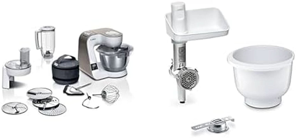 Robot de bucătărie Bosch Seria 4 MUM5X720, cântar integrat, bol din oțel inoxidabil 3.9L, mixer 1.25L, 1000W Accesorii Hrana si Alaptare Bebe Naty Shop Bundle cu Bakingsensation Alb Sampanie 2 accesorii