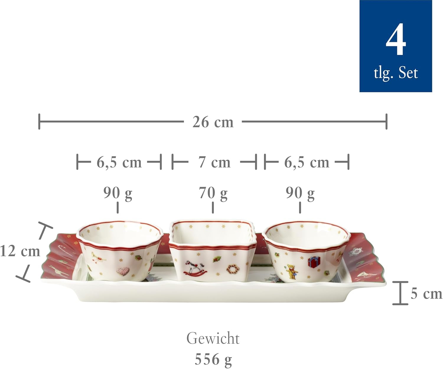 Villeroy & Boch - Set de sosuri Toy's Delight, 4 piese, Platou de servire cu boluri, Set de boluri pentru sos de Crăciun, Decorațiune de masă cu jucării, Tavă de servire, Boluri, Veselă de Crăciun, Porțelan Premium