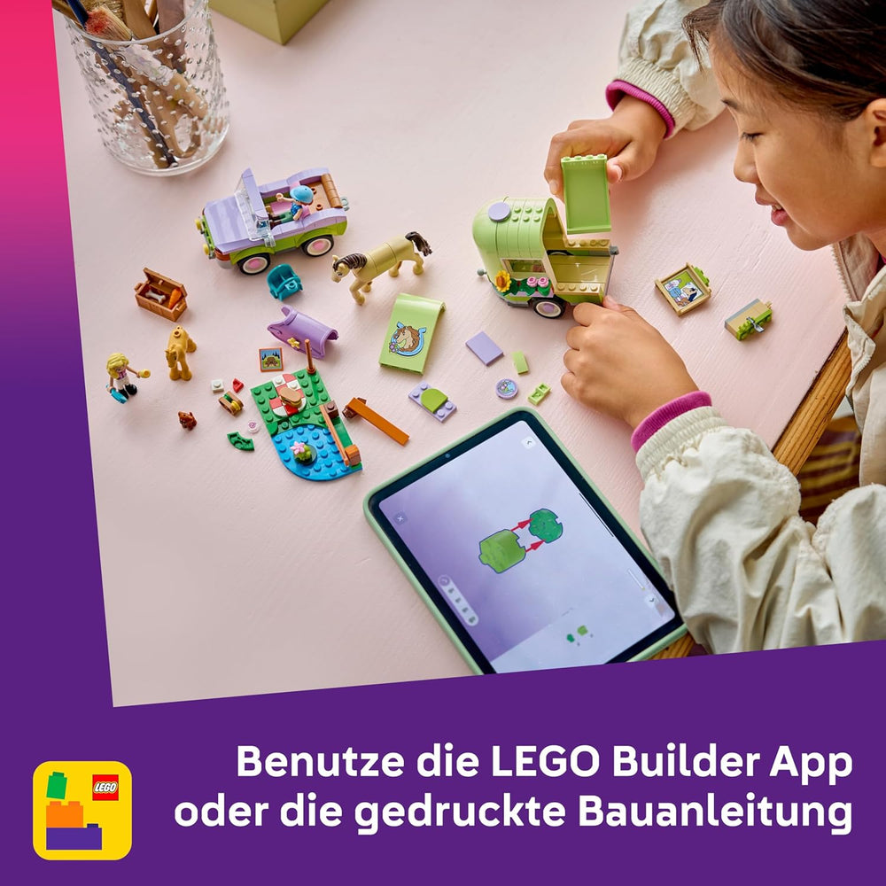 LEGO Friends Pferd und Fohlen mit Pferdeanhänger - Pferde Spielset mit Pflegezubehör, 4 Tierfiguren, Auto & 2 Mini Puppen - Geschenkidee zum Geburtstag für Mädchen ab 7 Jahren - 42695