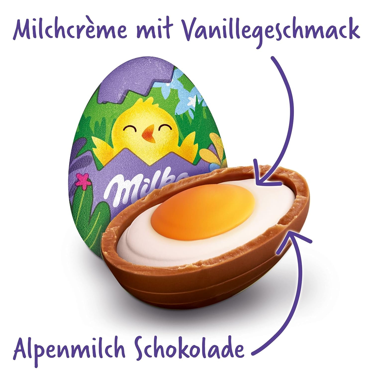 Milka Sweet Egg – Ciocolată de Paște umplută cu cremă de vanilie, aspect de ou prăjit – 124g